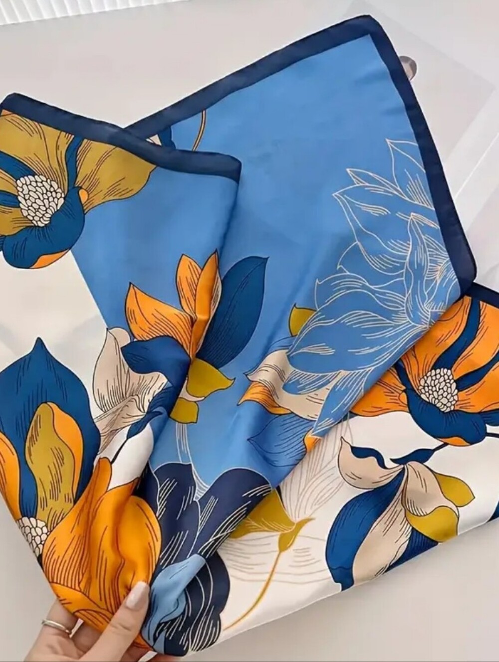 Silk-feel Vibrant Blue & Orange Floral Women Heaf Scarf , Neck Scarf - Picture 3 of 5